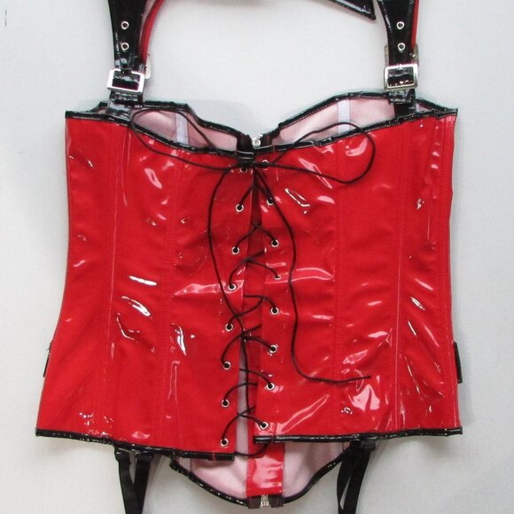 Red Black Shiny Vinyl Collared Corset - S/M - NEW - Picture 4 of 8